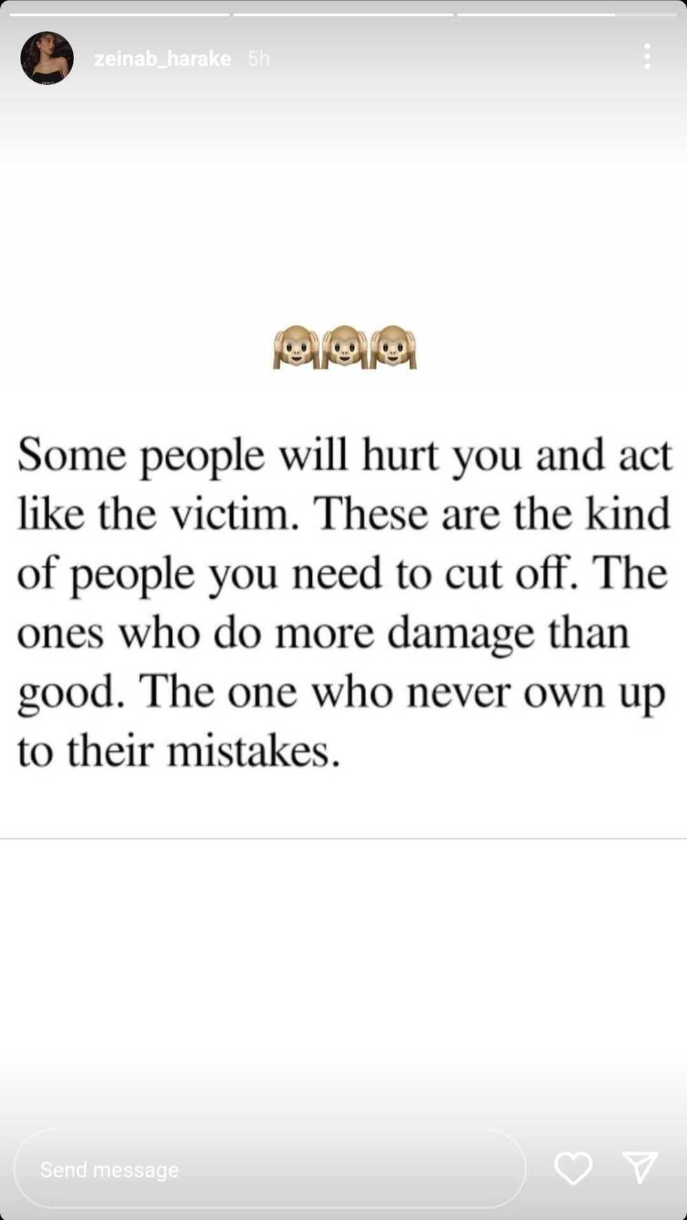 Zeinab Harake shares cryptic post about the "kind of people you need to cut off" Zeinab Harake shares cryptic post about the "kind of people you need to cut off"