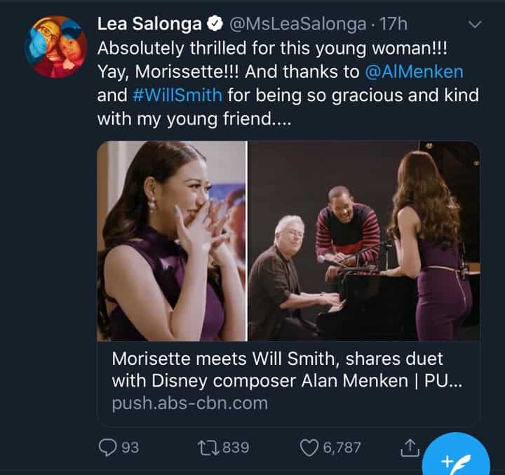 Lea Salonga reacts to Morisette Amon's meeting with Alan Menken and Will Smith