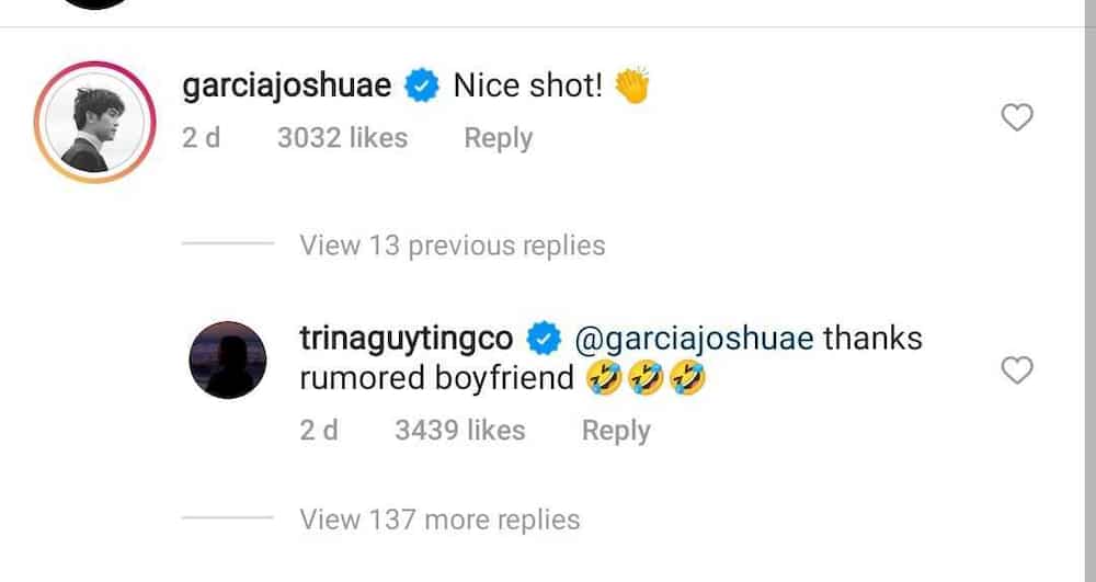 Joshua Garcia praises Trina Guytinco's photos; the latter calls actor "rumored boyfriend"