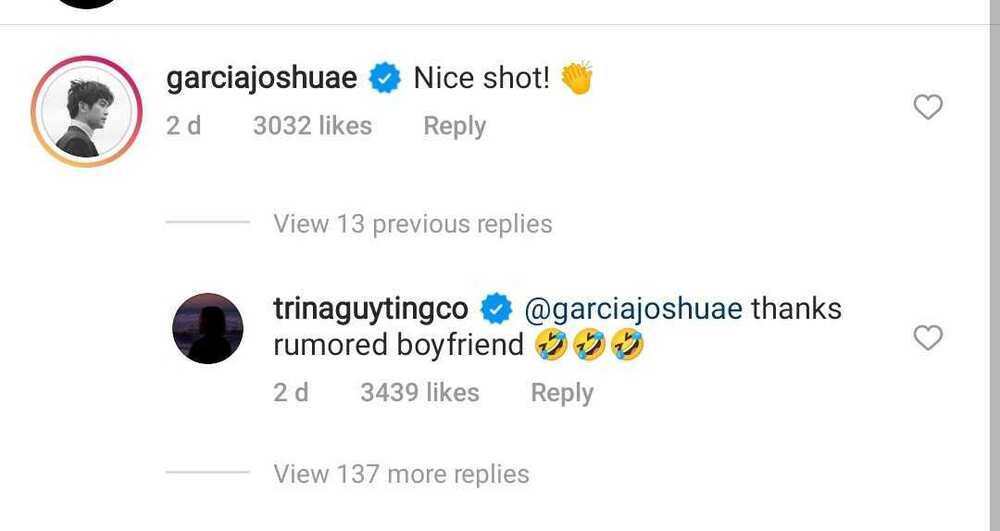 Joshua Garcia praises Trina Guytinco's photos; the latter calls actor "rumored boyfriend" Joshua Garcia praises Trina Guytinco's photos; the latter calls actor "rumored boyfriend"