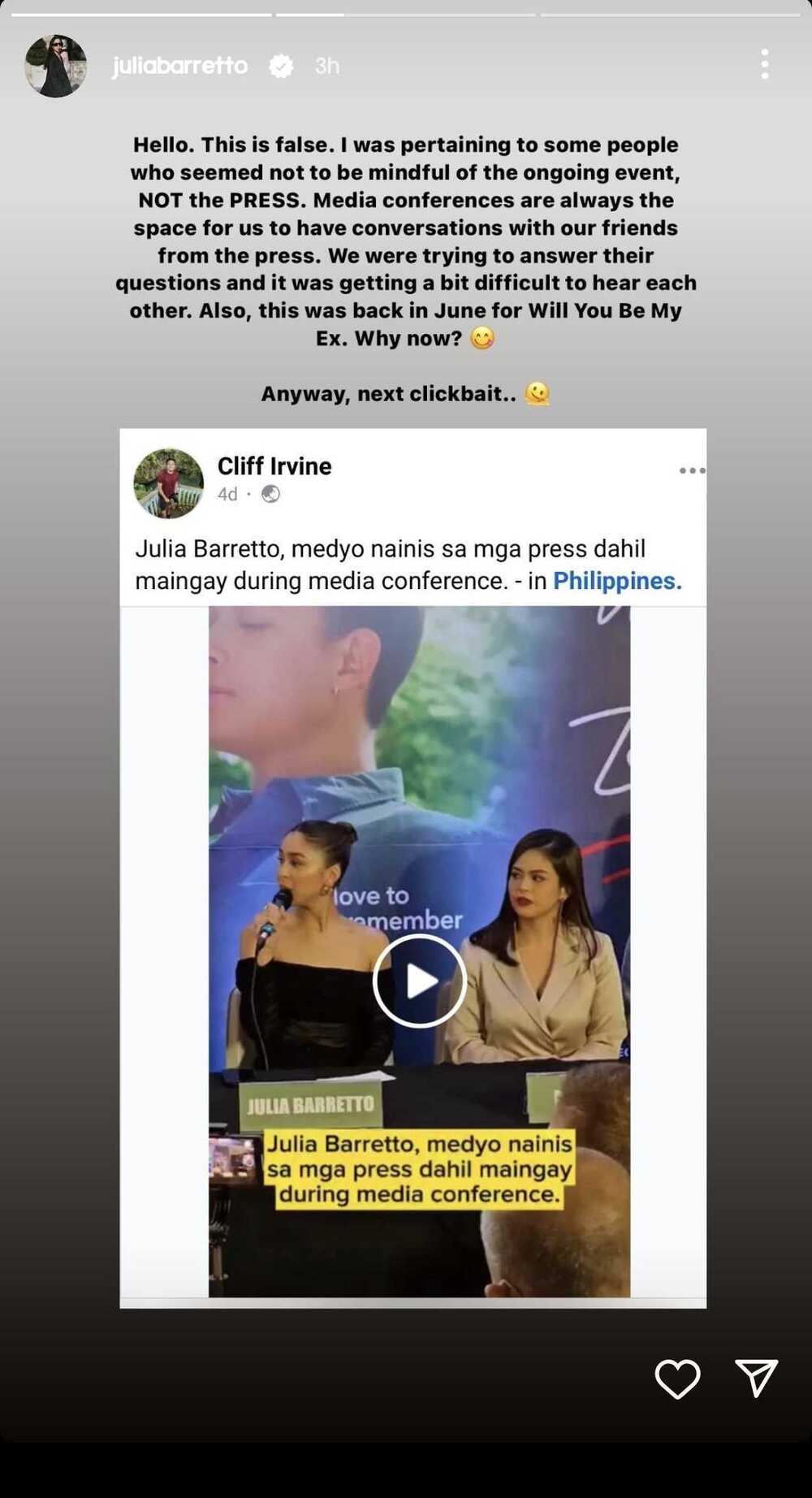 Julia Barretto, klinaro ang ginawa niyang pagsita sa viral video sa presscon